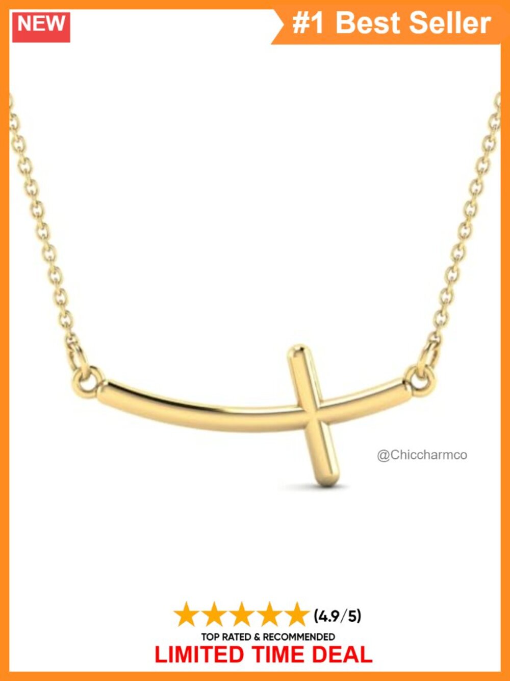 14k Solid Gold Sideways Curved Cross Pendant Necklace 18in